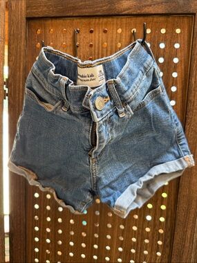 abercrombie kids light blue high-waist denim roll-cuff shorts